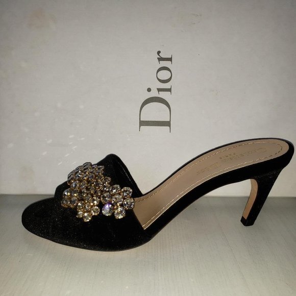 Christian DIOR Soul Rhinestone Crystal Velvet Mule Slide Heel Sandal - Picture 1 of 10
